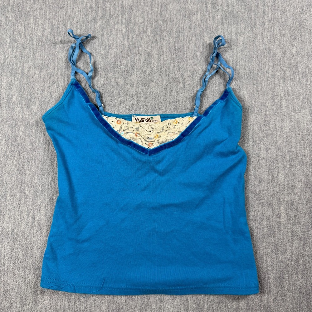 Napoli Blue Lace Trim Beaded Velvet Spaghetti Strap Y2K Fairy Tank Top PXS